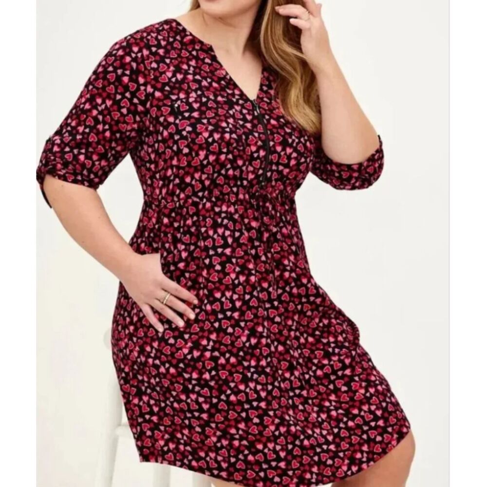 Torrid Heart Print Mini Challis Zip-Front Shirt Dress 0